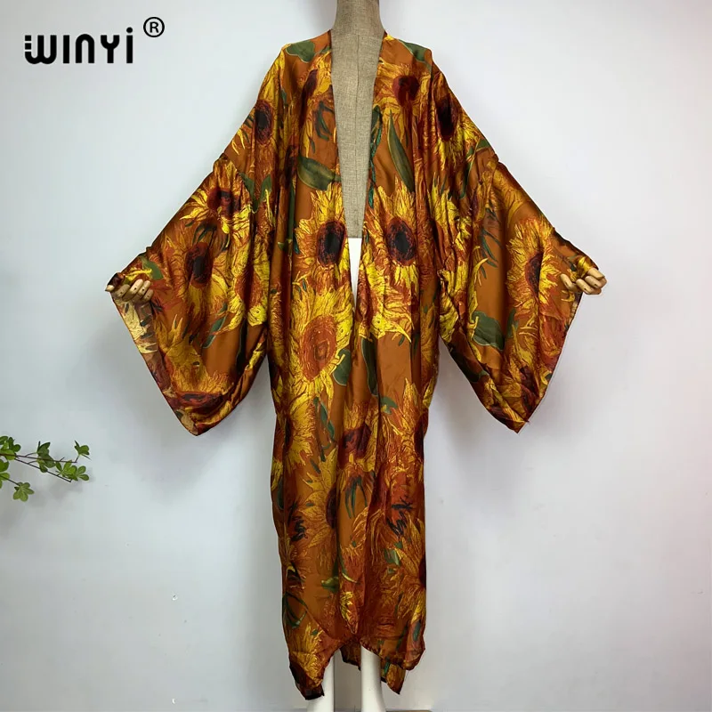 WINYI summer new fashion print Women Cardigan Loose Long Dress elegant Party Boho Maxi beach Holiday Cover Up Kimonos kaftan