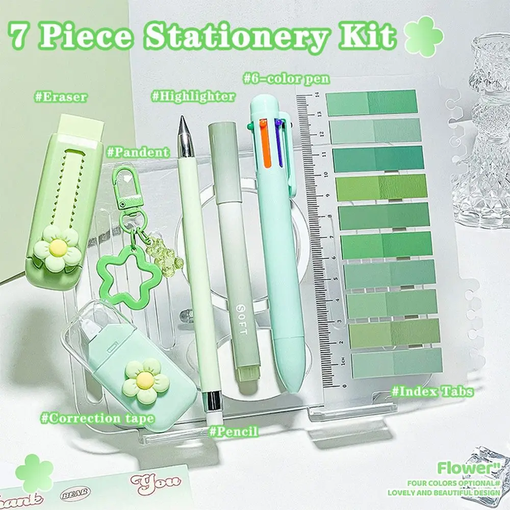 7pcs Flower Themed Cute Stationery Set Index Tabs Correction Tape Aesthetic School Supplies Push Pull Eraser