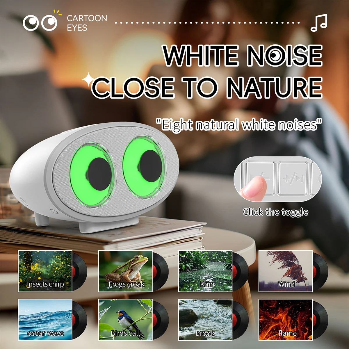 Alto-falante Bluetooth 2 em 1 em forma de olho Gerador de ruído branco com luz noturna LED colorida 4 modos Bateria de 1800mAh Ideal para relaxar