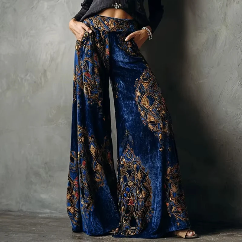 Wide Leg Pants Women Retro Ethnic Style High Waist Velvet Trousers Fashion Casual Vintage Pantalon Femme Pocket Loose Bottoms