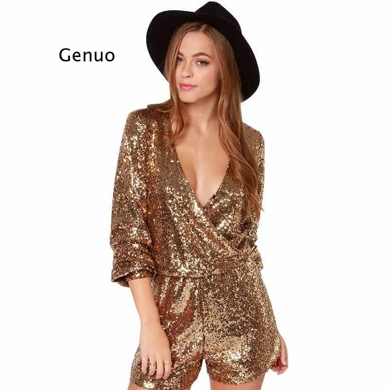 

Deep V Neck Embroidery Sequin Rompers Womens Jumpsuit Fashion Long Sleeve Sequins Short Jumpsuit Summer Ladies Playsuit Overalls