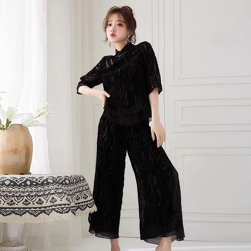 

High-End Suit Women's Casual Fashion Stand-Up Collar Top + Nine Points Wide-Leg Pants 2022 Spring And Summer Two Piece Set S-3XL