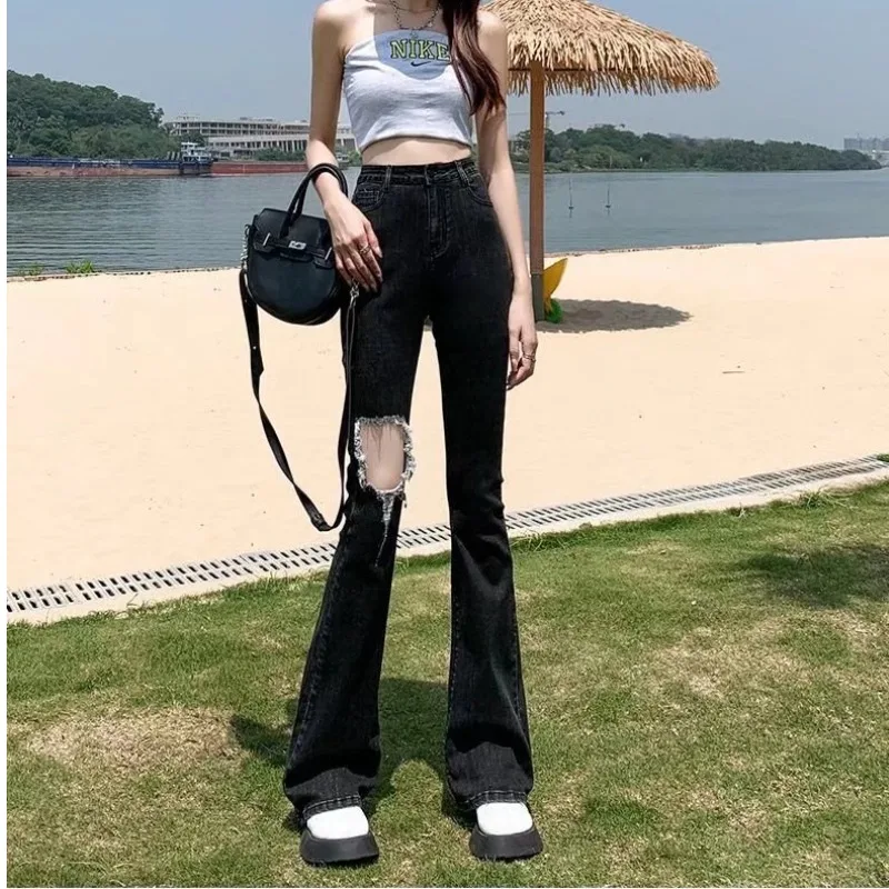 High Waist Thin Jeans Women's Spring 2025 Bell Bottom Korean Style Slimming Hole Elastic  Hoof Pants Cotton Stretch Denim