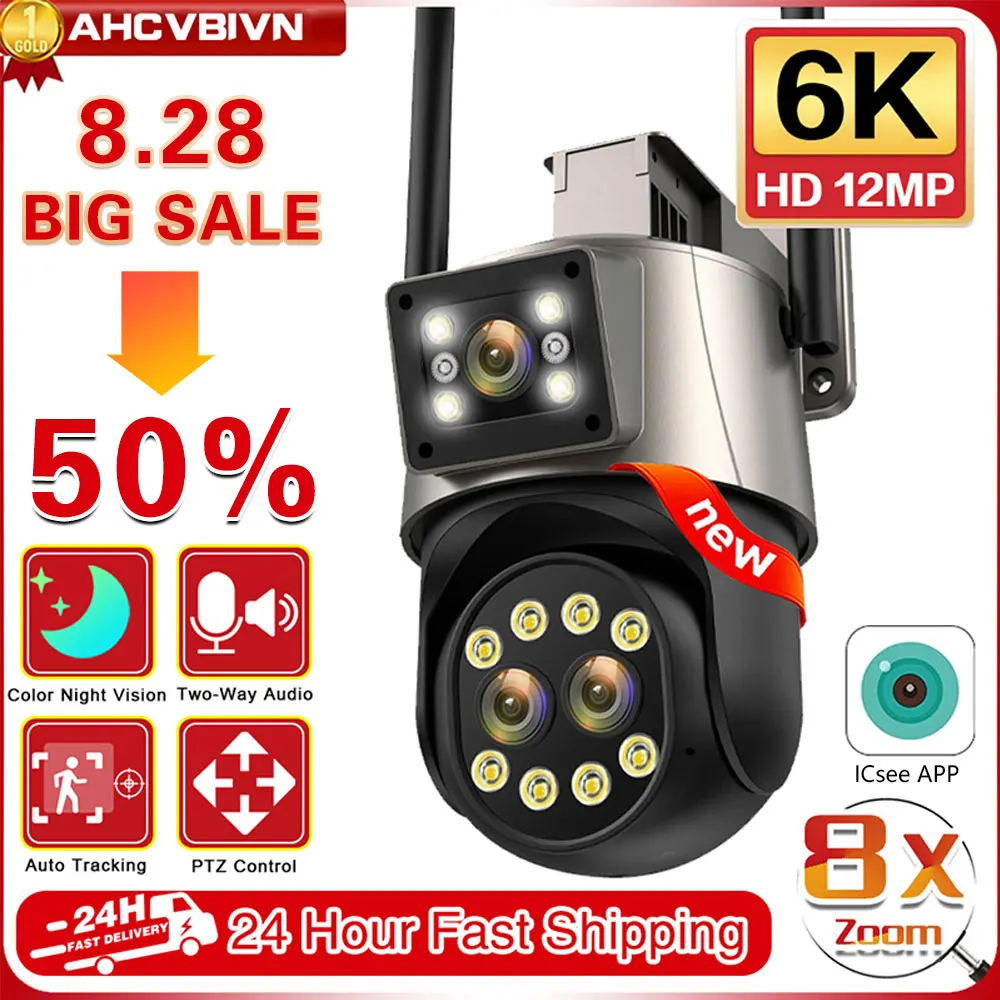 

12MP 8X Zoom PTZ WiFi Camera Three Lens Dual Screen Color Night Vision Outdoor Security IP Camera CCTV Surveillance Camera ICSEE