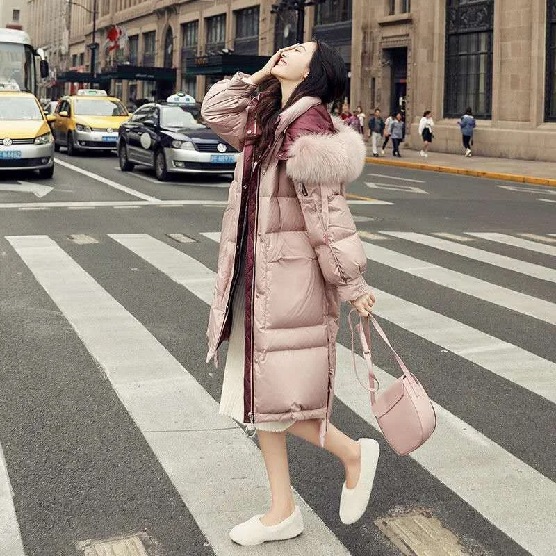 고급 여성용 중장기 겨울 패션 트렌드 대형 사이즈 루즈핏 무릎 길이 화이트 덕다운 재킷 후드 예쁜 코트