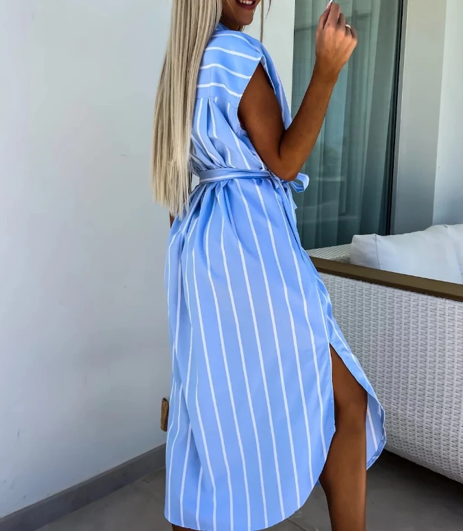 Elegant Women's Summer Dresses Commuter Casual Striped Strap Waist Collar Short Sleeve Casual Pocket Asymmetric Shirt Long Dress