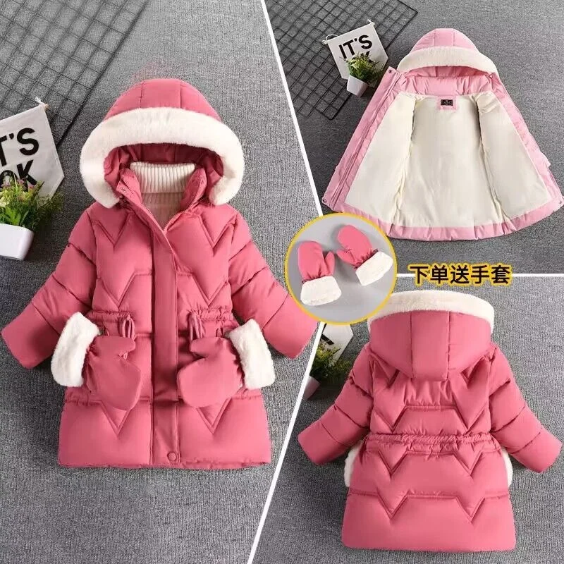 New Winter Girls Jacket Send Gloves Warm Fur Collar Princess Coat Hooded Zipper Outerwear Kids Cotton-Padded Parka Snowsuit 2-8Y