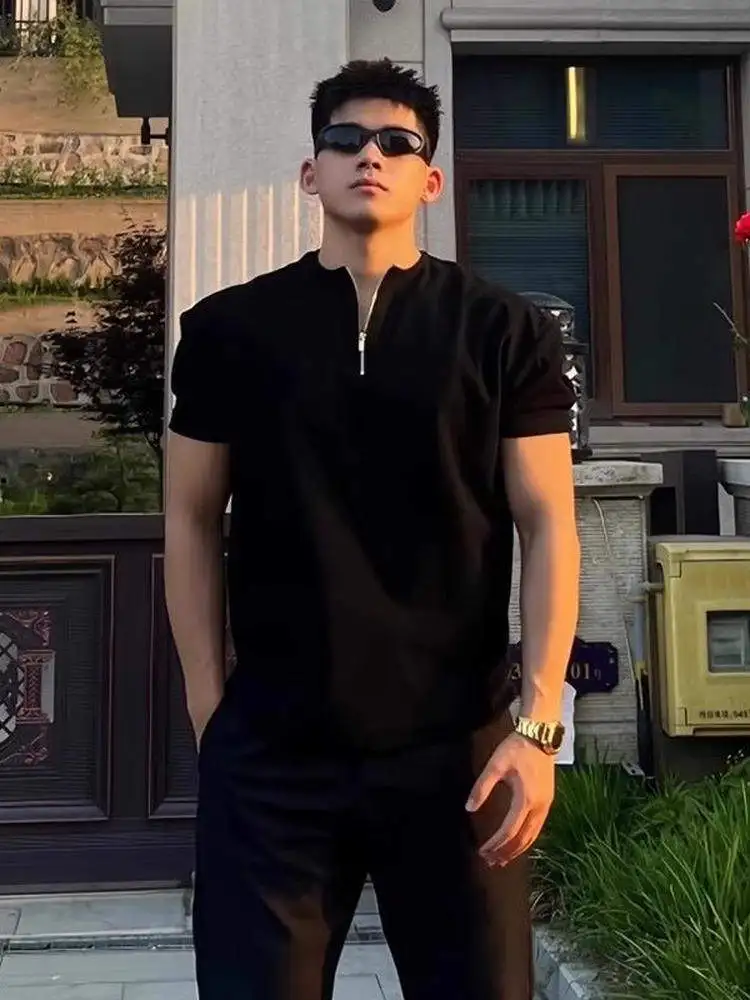 Summer Men's T-Shirt Shoulder Pads Short Sleeve Henry Collar Standard Fit Casual Style Youth Popular Pure Color Fashionable