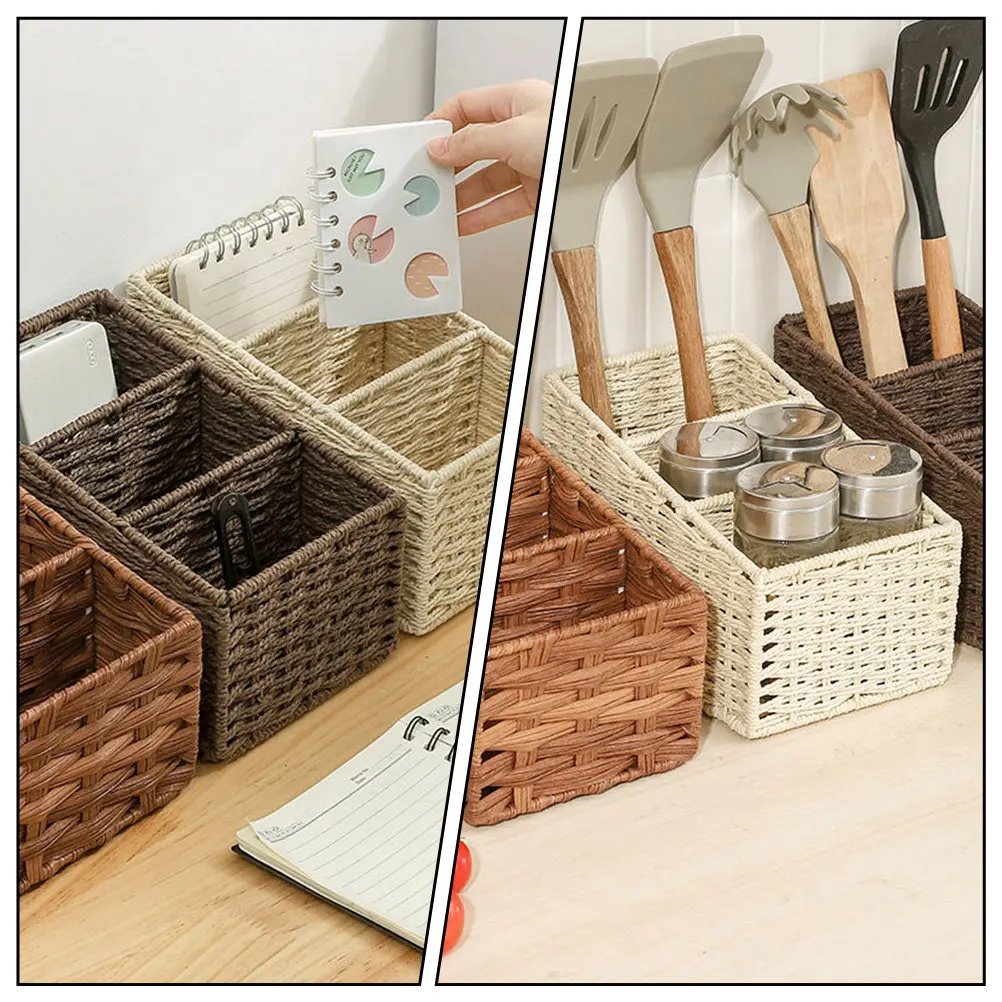 Three-Grid Trapezoidal Desktop Storage Organizer Simulated Hand-Woven Basket Waterproof Plastic Material Iron Frame Stable Home
