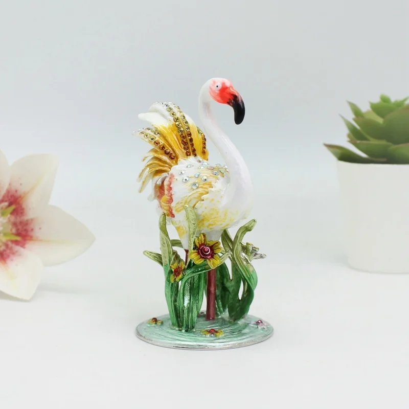 SHINNYGIFTS Flamingo Trinket Box Metal Enameled Bird Animal Figurines Collectable Wedding Jewelry Ring Holder Organizer