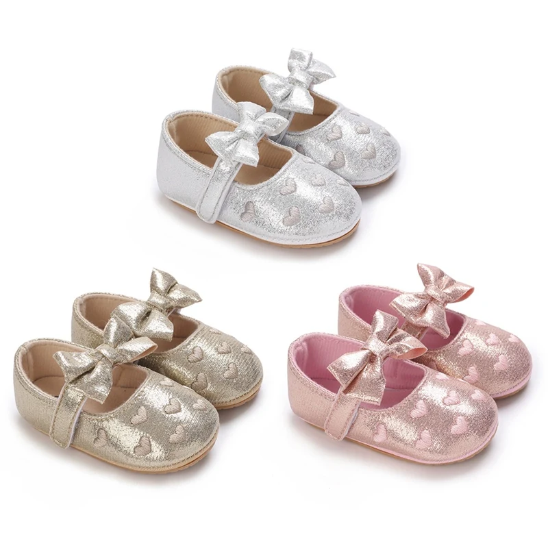 1Pair Baby Girls First Walker Shoes PU Leather Crib Shoes Soft Sole Toddler Butterfly-knot Walking Flat Princess Shoes For 0-18M