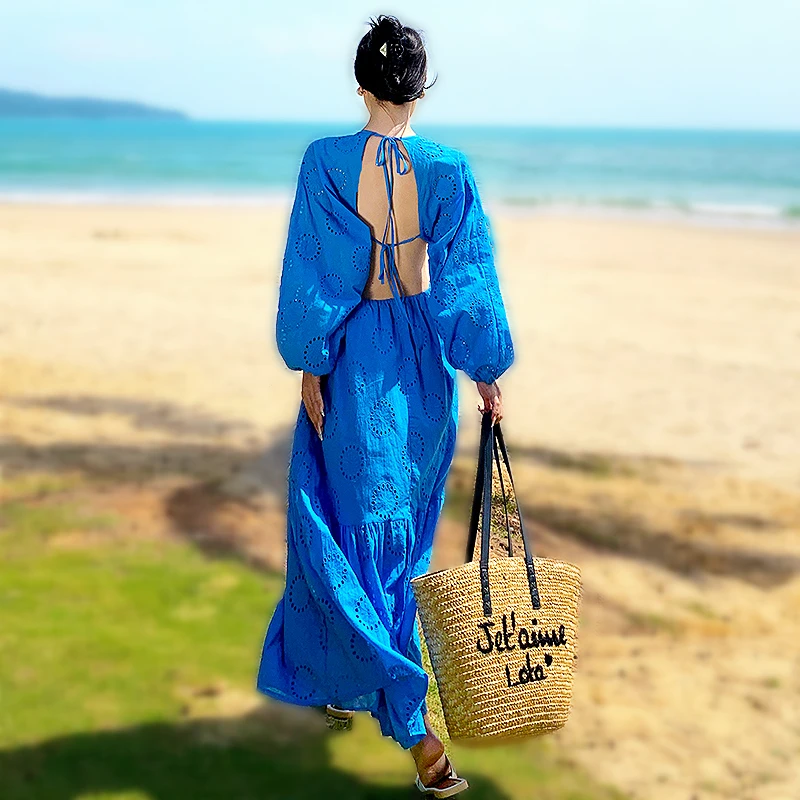 

Boho Dress Summer Dress Women O Neck Sexy Backless Dress Beach Style Long Sleeve Elegant Party Long Dress Lady Clothes SL403