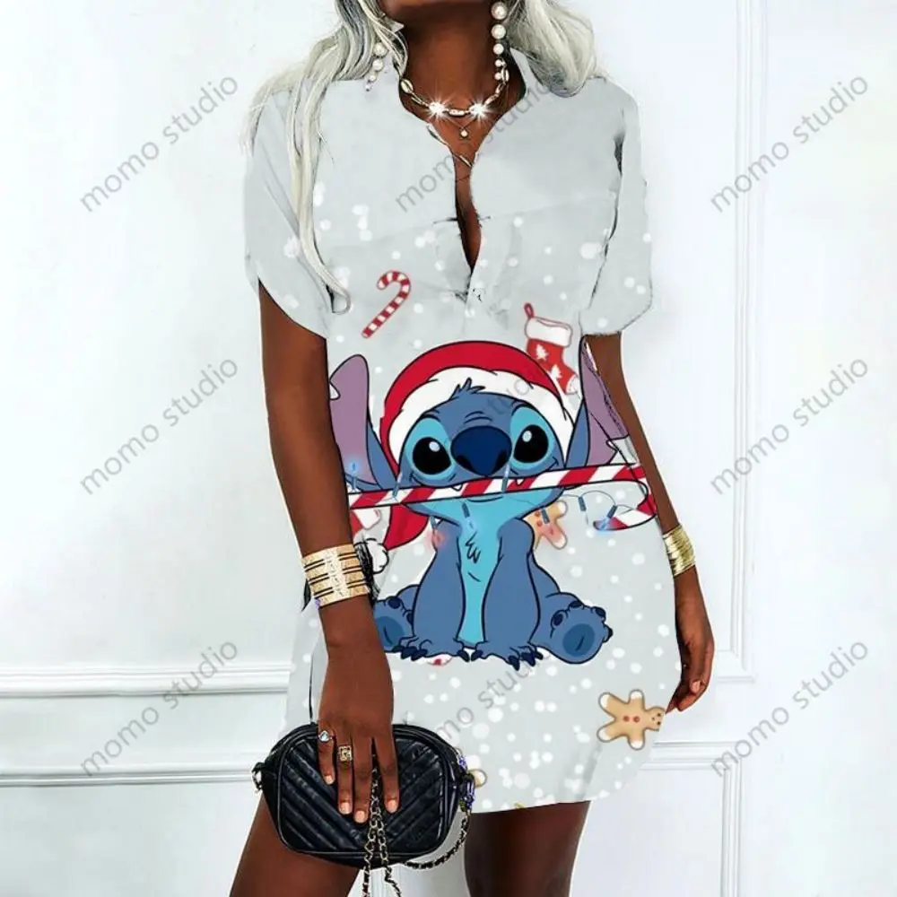 Lilo & Stitch Disney Elegant Party Dresses for Women 2023 Summer Polo Shirts Fashion Sexy Mini Dress Album Y2k V Neck New Summer