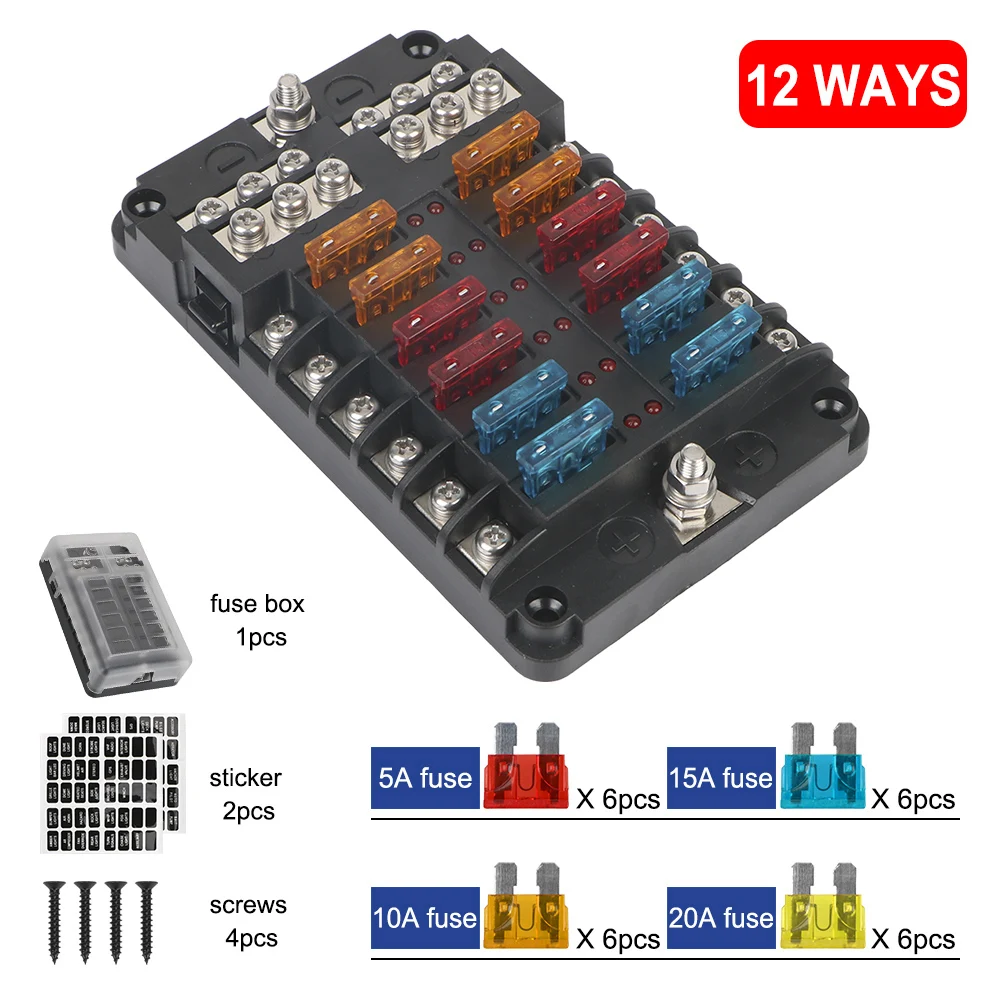 12 Ways Panel 12V 32V 100A Fuse Blades Box Holder Indicator Light Relay Protection Accessories For Boat Car Marine Truck