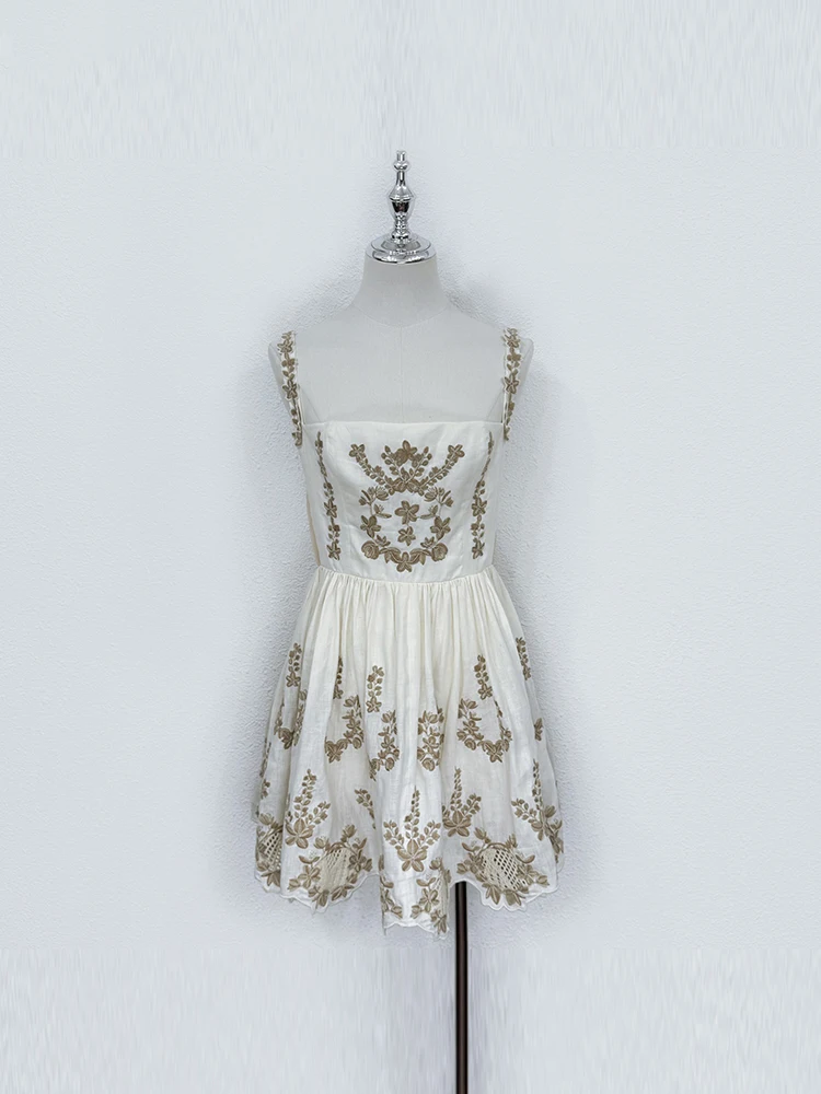 Summer Fashion Vintage Pattern Embroidery Elegant A-Line Mini Dress Women's Spaghetti Strap High Waist Slim Hollow Out Dress
