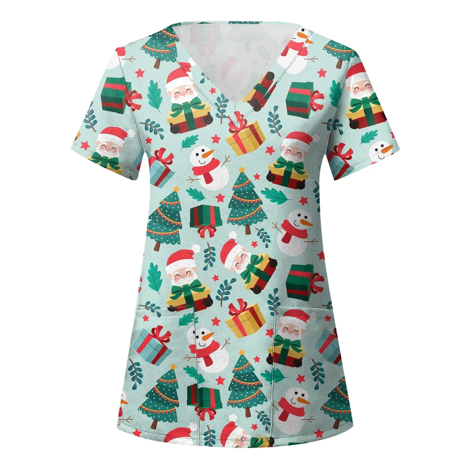 Uniforme de enfermera de Navidad para mujer, Top con estampado de Papá Noel, camisas de manga corta con bolsillos, ropa de trabajo para el cuidado de la salud