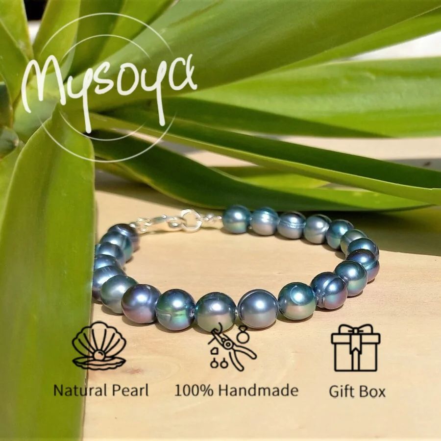 

MYSOYA 8-9mm Natural Blue Freshwater Pearl Bracelet With Gift Box Perfect For Birthday Wedding Christmas Gift Jewelry