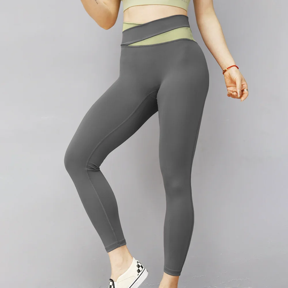 Farbblockierte Yogahose mit hoher Taille für Damen, Po-Lift, elastische, schnell trocknende Fitnesshose zur Bauchkontrolle, Laufsport-Strumpfhose