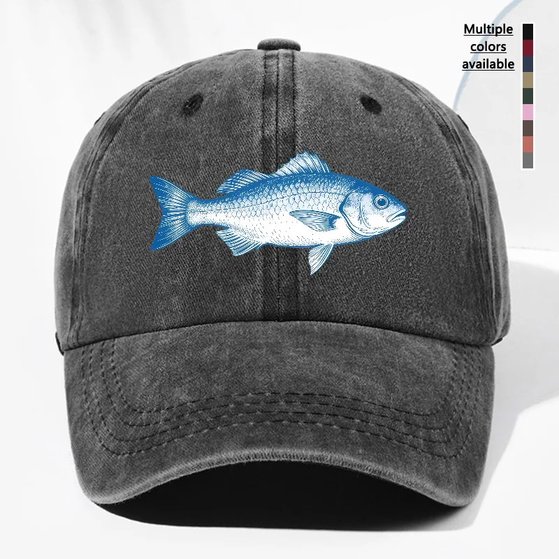 Unisex Blue Large Fish Animal Print Washed Vintage Baseball Cap, Fashionable Outdoor Hat for Men and Women, Adjustable Fit Truck
