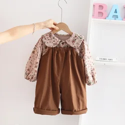 Girls New Children Clothing Autumn Season Strap Pants Two Piece Set Soild Print Lapel Collar Button Decorate Cotton