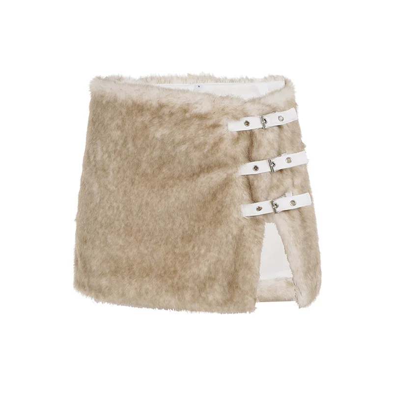 عيد الميلاد الخريف والشتاء الدافئة غير النظامية الفراء مشبك انقسام تنورة Y2k التوابل فتاة شخصية تنورة صغيرة للنساء #1