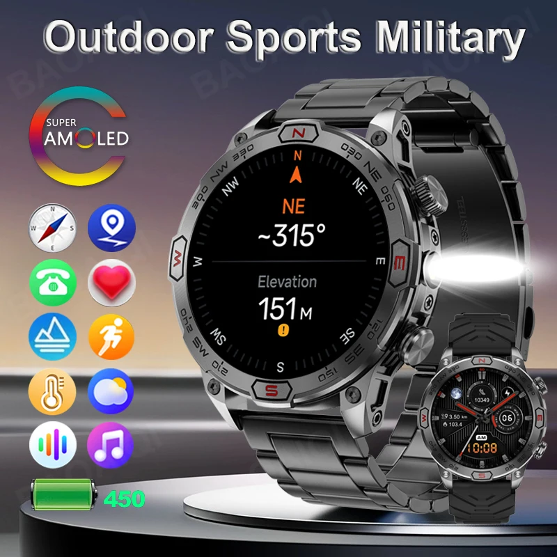 

2024 New Smart Watch 466*466 AMOLED Flashlight Outdoor Compass 1ATM Waterproof Sports Watch Smart Bluetooth Call GPS Track Watch