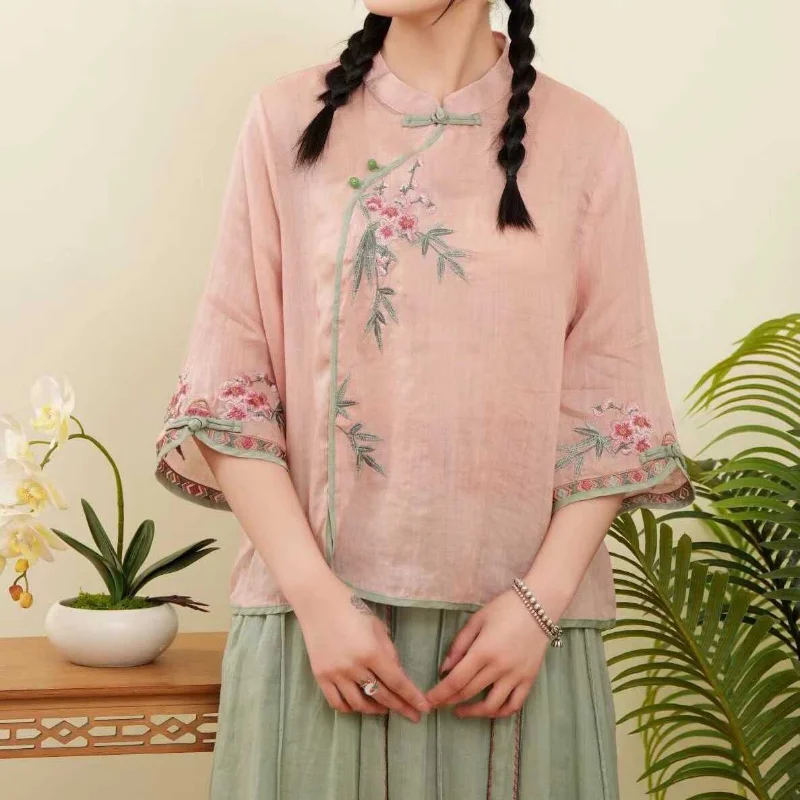 

Vintage Chinese Ethnic Style Shirt Women's Stand Collar Embroidery Elegant Blouse Summer Three Quarter Sleeve Cotton Loose Tops
