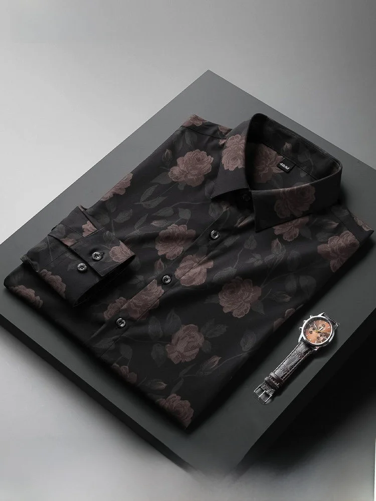 

Printed Long Sve Men's irt Casual Sle Floral Pattern Slim Fit Korean Trend Youthful Polyester Blend Button up