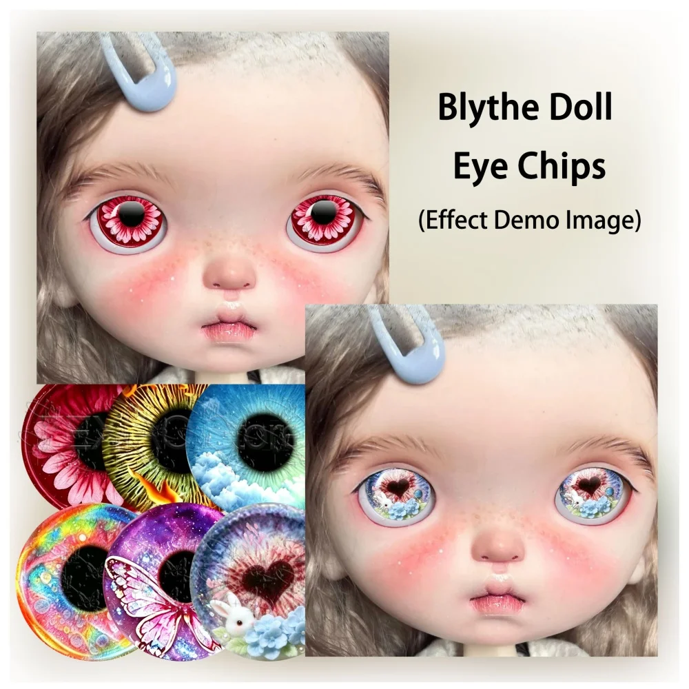 12Pcs Blythe Doll Eye Chips Fantasy Flower Butterfly Rainbow Cloud Rabbit Pattern Glass Cabochon Eye DIY Jewelry Supplies MS017