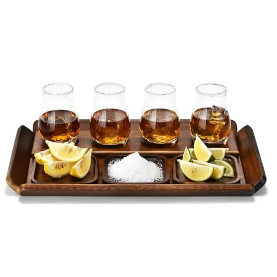 

Rustic Wooden Whiskey Flight Paddle Set Bourbon Tasting Board with 4 Glasses and Coasters for Home Bar Cocktail Spirits Tasting