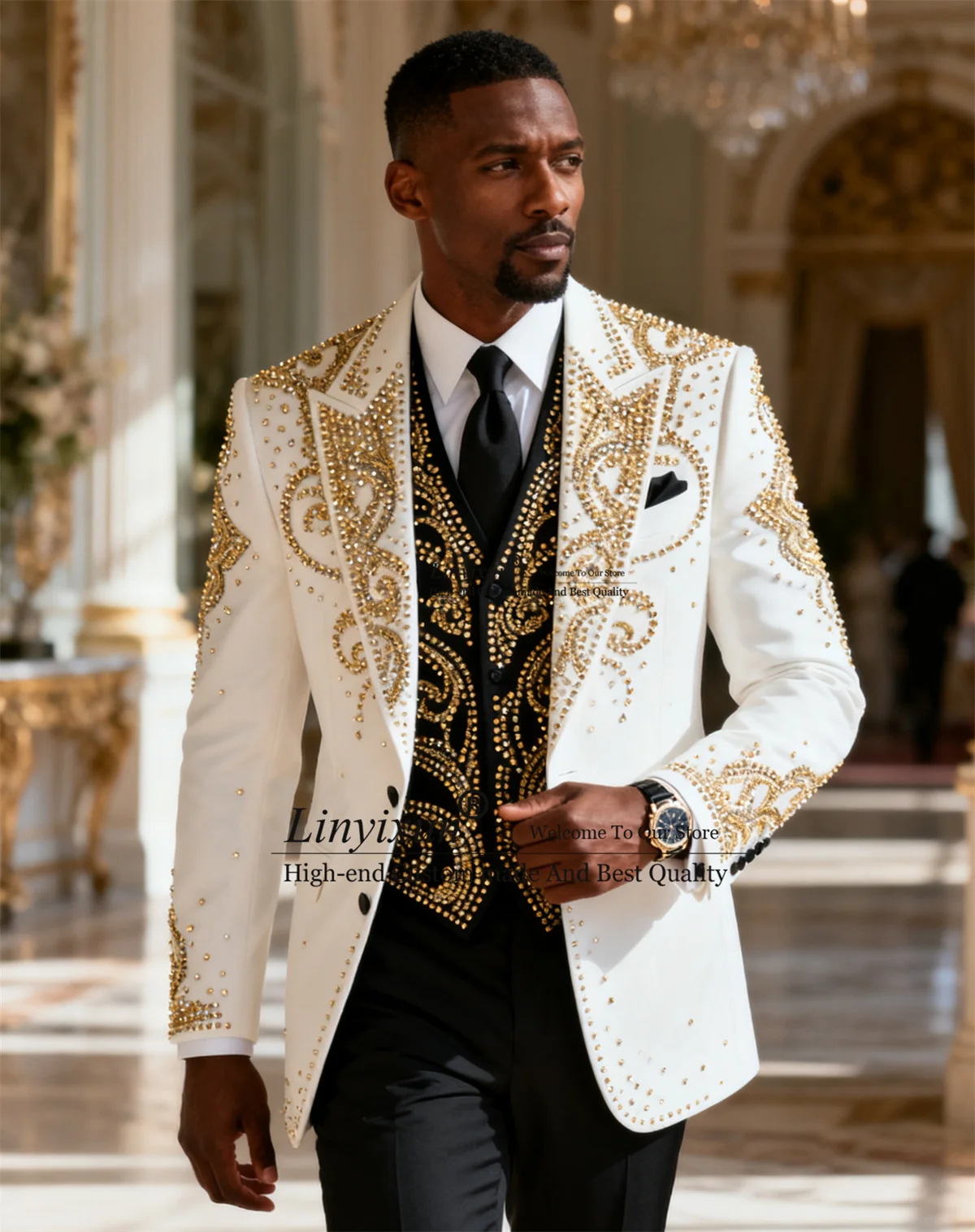 

Customized Handsome Slim Fit Wedding TuxedosRhinestones Beaded Men Suits Slim Fit Ropa hombre 3 Pieces Sets Groom Male Blazers