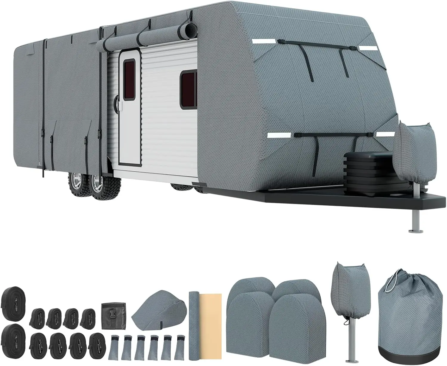 Mofeez Travel Trailer RV Cover, Extra-Thick Upgraded 7 Layers for Camper Cover 20'-22' Windproof Waterproof Rip-Stop Camper Cover with Adhesive Repair Patches, 2Pcs Extra Straps & 4 Tire Covers