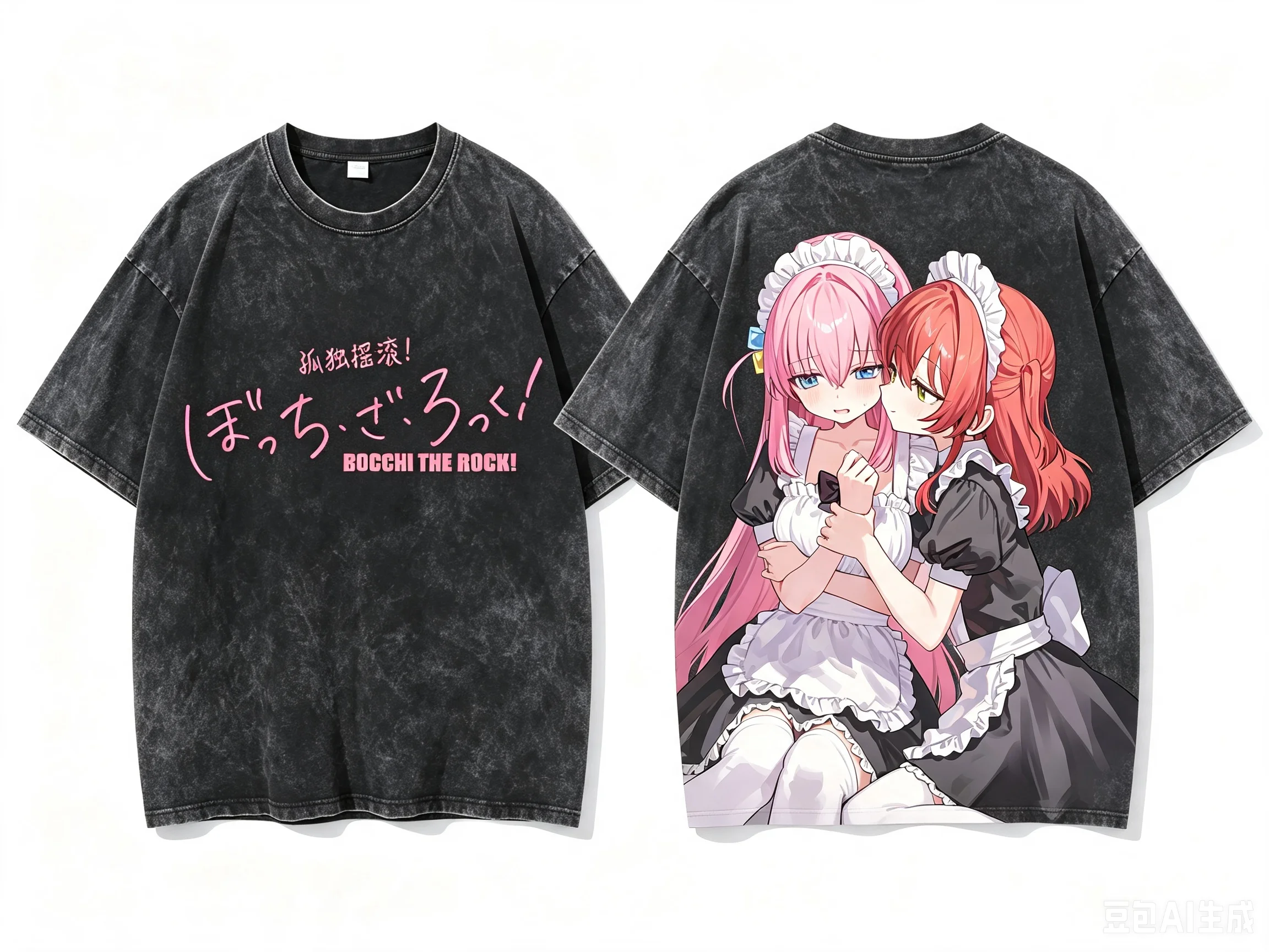 Hitori Gotoh & Ikuyo Kita Bocchi The Rock! Maid Outfit Double Sided Graphic Washed Crew Neck Short Sleeve Women And Men T-shirt