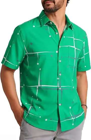 Men's Short Sleeve Shirt Bright Green Abstract Line Dot Print Lapel Button Down Daily Holiday Casual Mens Clothing