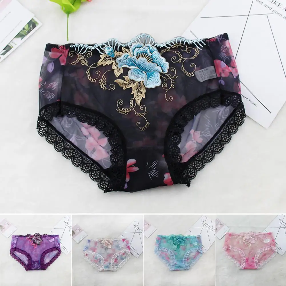 Stylish Rose Embroidery Soft Floral Mesh Lace Ladies Female Briefs Underpants Quick Drying Women Panties Inner Wear