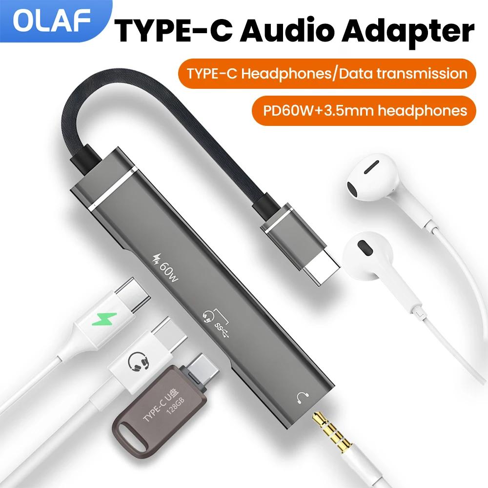 Type-C 3-in-1 HUB Splitter Type C To Type C/3.5mm Headphone Audio Adapter PD60W Charging Converter For Iphone 17 16 15 Samsung