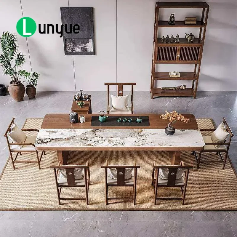 New Chinese Style Solid Wood Rock Slab Tea Table and Chair Set Modern Light Luxury Large Board Drinking Table for Living Room