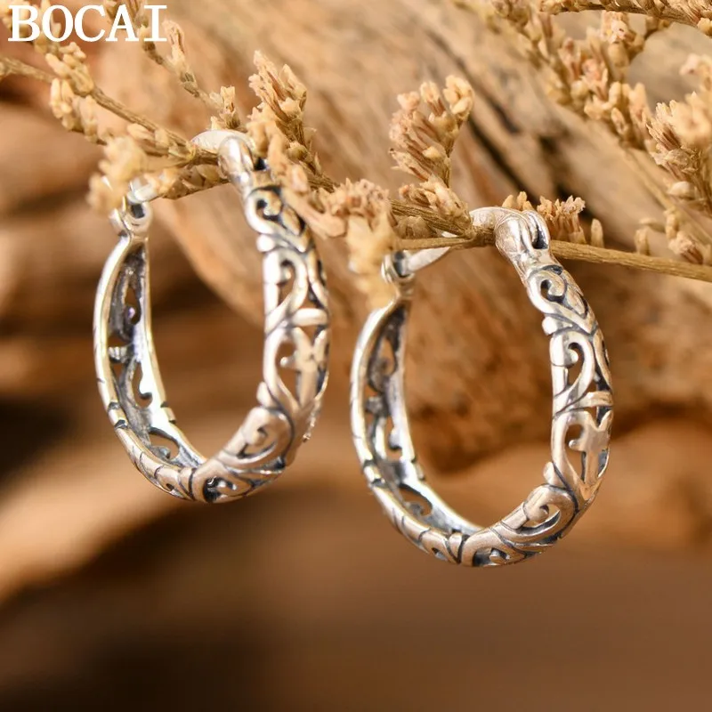

BOCAI NEW S925 Sterling Silver Retro Hollowed Out Patterned Earrings Women's Gift