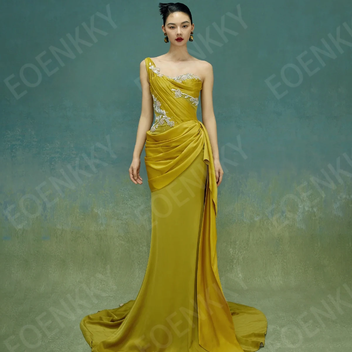

EOENKKY Customized Elegant Mermaid Evening Dress Satin One Shoulder Wedding Party Dresses Sleeveless Woman vestidos de fiesta