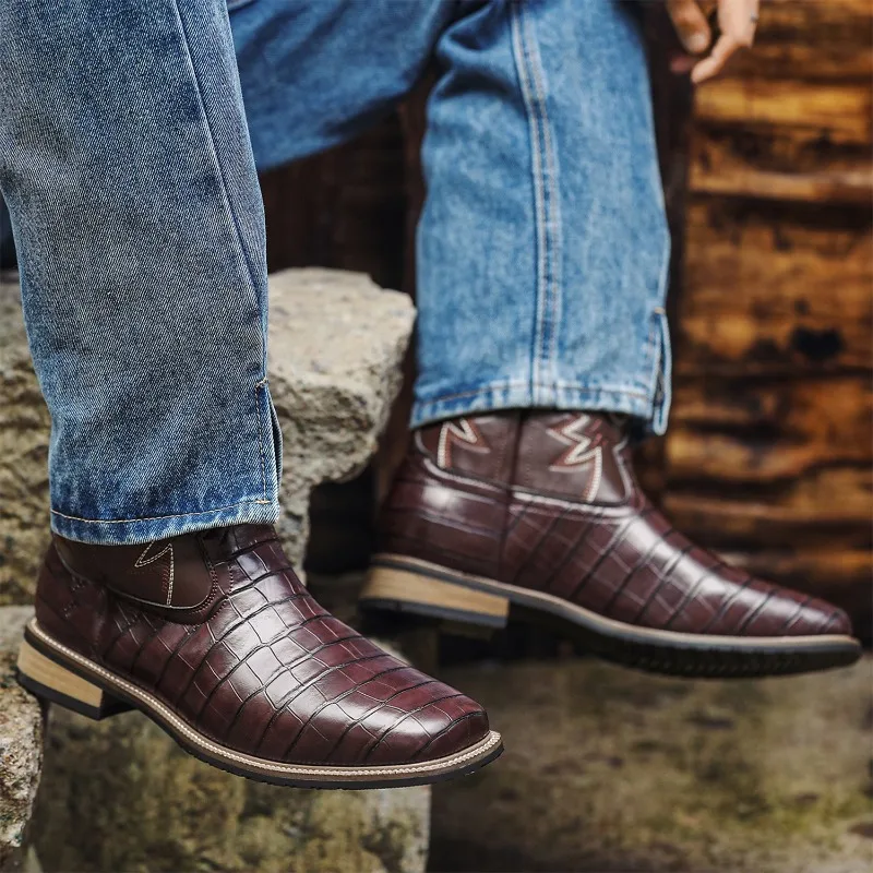 Botas de lujo hechas a mano con bordado para Hombre, Botas de vaquero del oeste Retro, Botas de caballero al aire libre para Hombre, Botas de cuero a media pantorrilla, Botas para Hombre