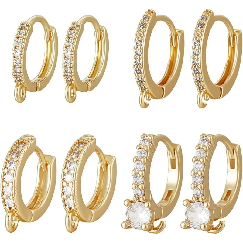 

8Pcs Leverback Hooks 18K Gold Plated Brass Cubic Zirconia 4 Style Huggie Hoop Earring Findings with Loop for DIY Earring Making