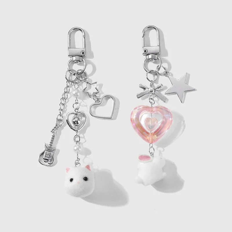 حساسة لطيف القط رئيس حقيبة سحر المفاتيح الفضة نجمة سلسلة الحب أرنب رئيس ظهره هاتف محمول قلادة اكسسوارات هدية