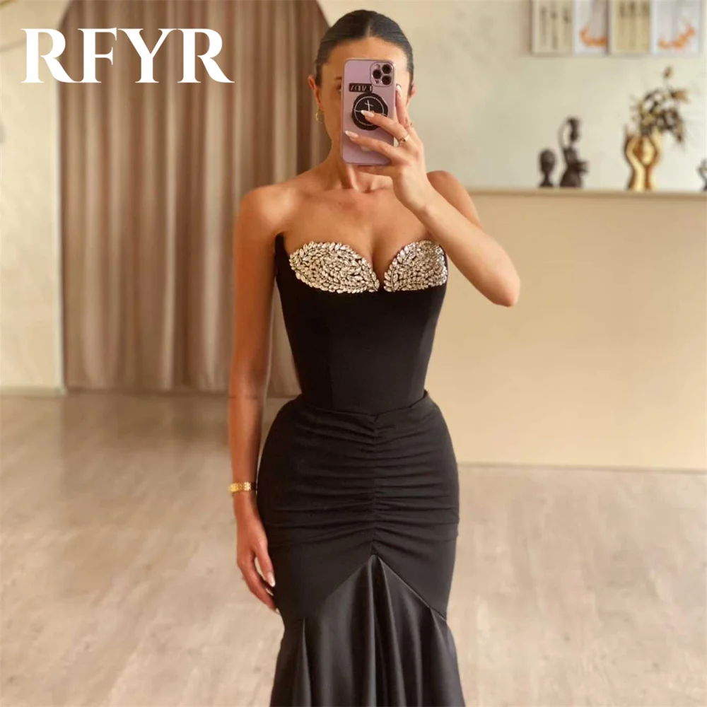 RFYR Black Prom Dress Trumpet Sweetheart Evening Dresses Pleats Satin Party Dress with Sequins Floor-length Vestidos De Noche