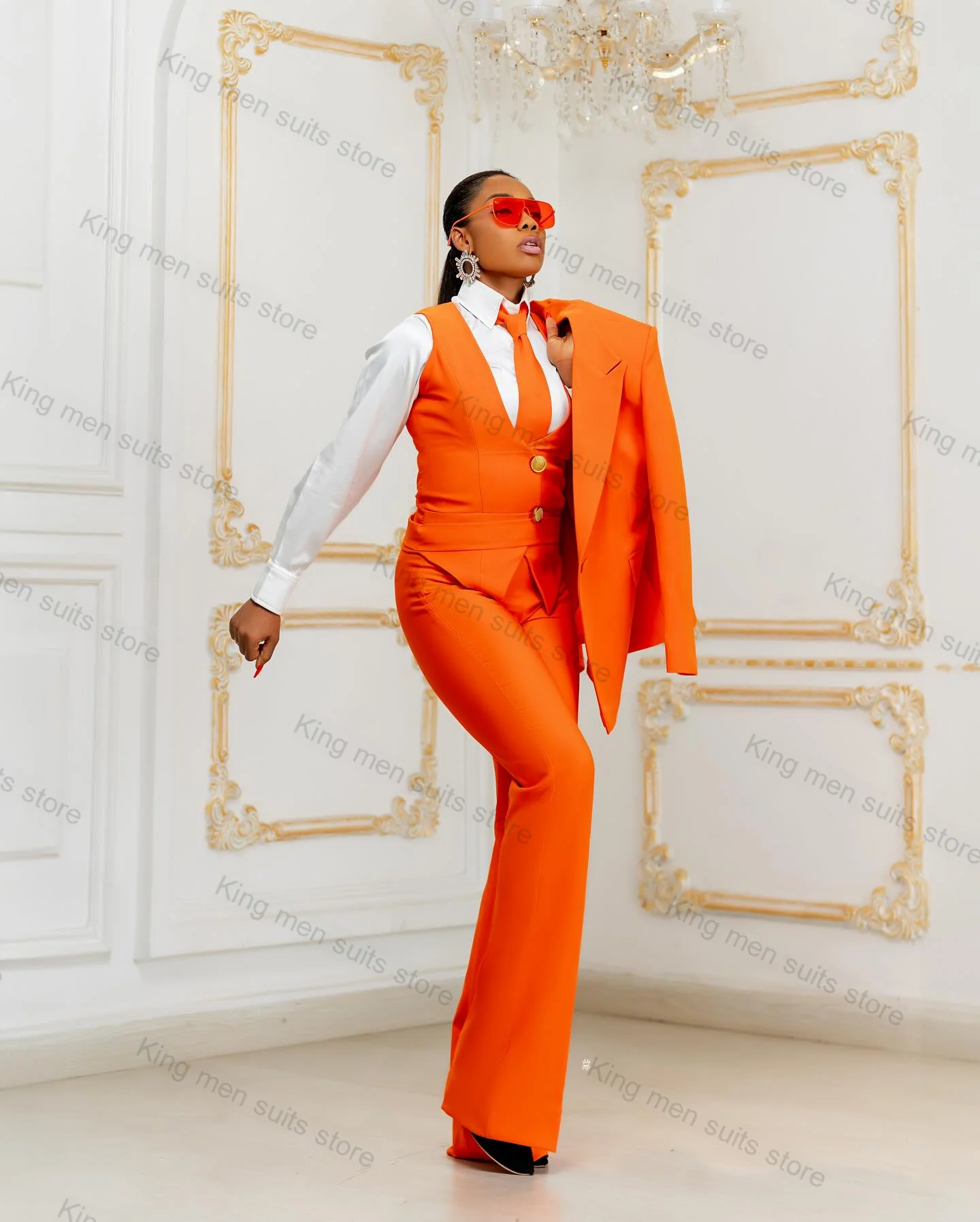 Orange Formal Women Suit set 3 Piece Blazer+Pants+Vest Custom Made Office Lady Wedding Tuxedos Jacket Cotton Prom Dress Coat