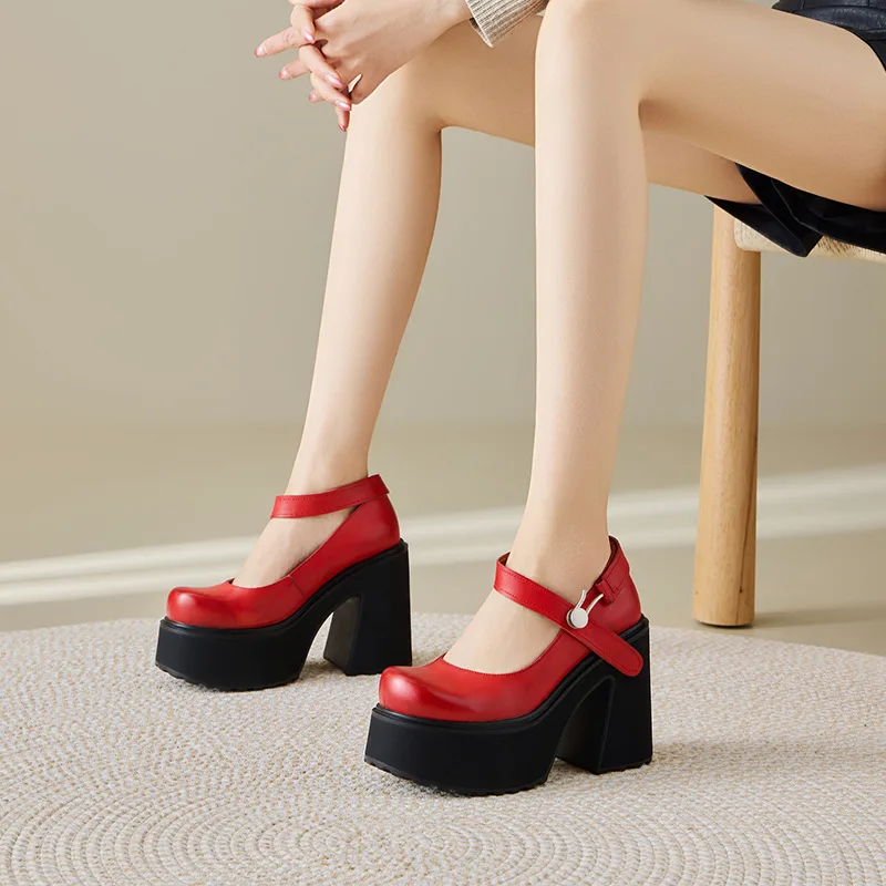2026 Spring New 12cm Washed Leather Mary Jane Heels for Women Red Round Toe Platform Chunky Heel Buckle Pumps