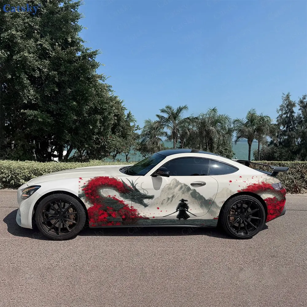 2pcs Maple & Dragon Samurai Roar, Durable, Fade-resistant, Enhance Vehicle Aesthetics With Bold Artistic Design Car Vinyl Wraps