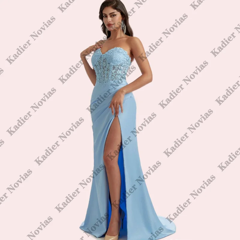 

Long Blue Mermaid Bridesmaid Dresses with Slit Lace Up Customized Wedding Party Dress robes invitee mariage