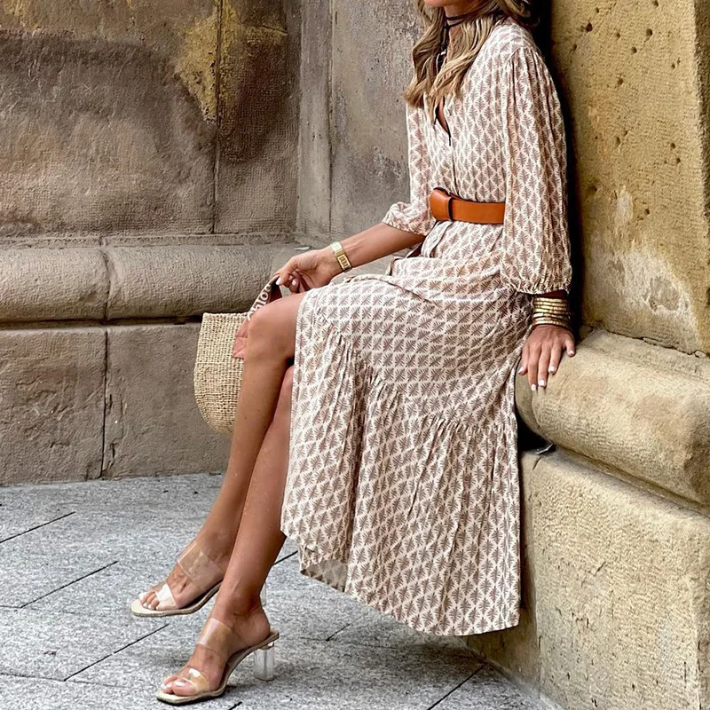 2025 Autumn and Winter New Fashion Belt Print V-neck Puff Sleeve Simple Temperament Long Dress Women Clothing