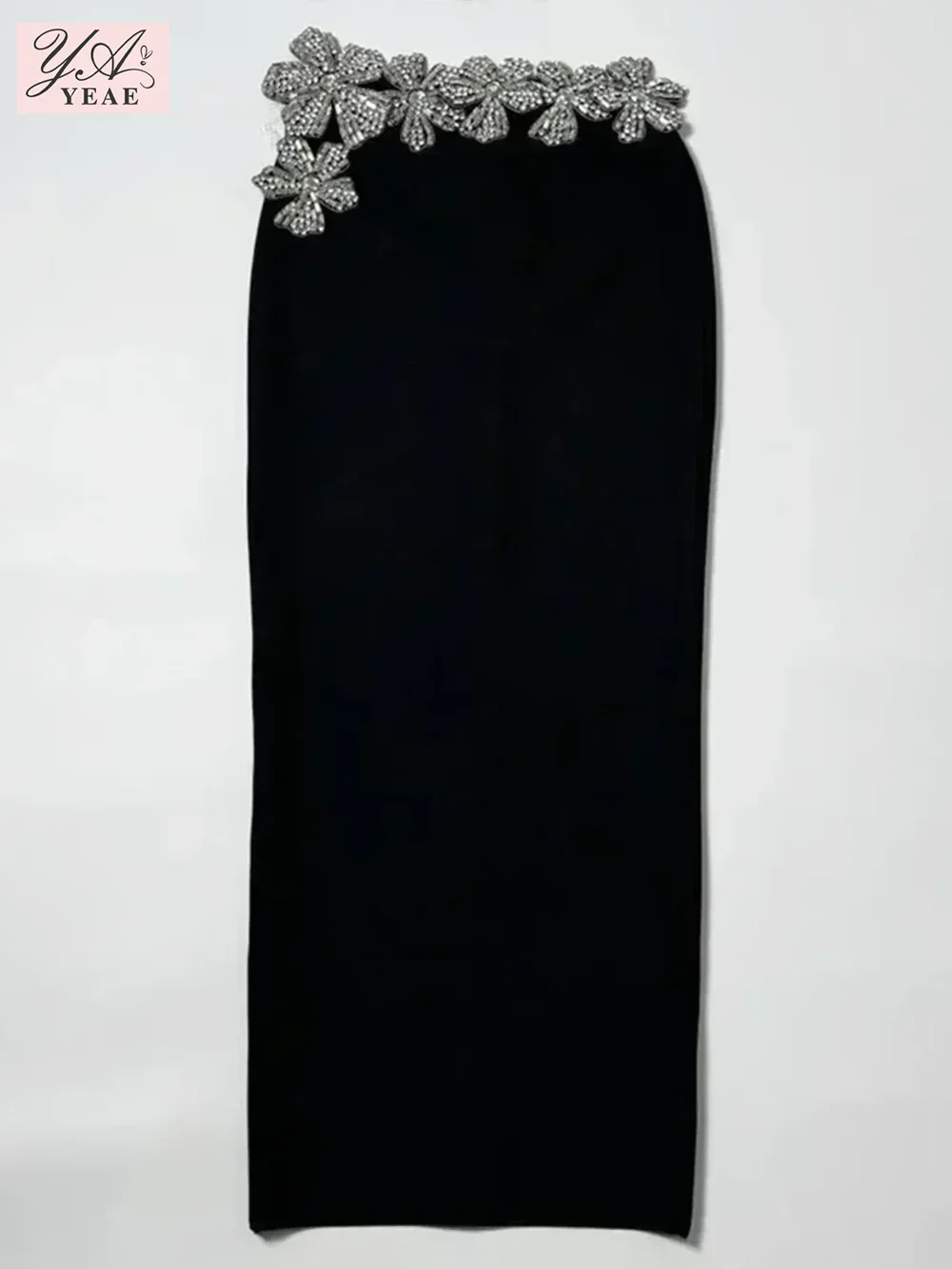 Sexy Long Sleeves Bandage 2-Piece Sets Women Turtleneck Shiny Diamonds Flower Top + Long Skirts Suits Evening Party Set