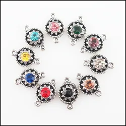 Fashion 20Pcs Mixed Crystal Tibetan Silver Plated Flower Charms Connectors 9x14mm